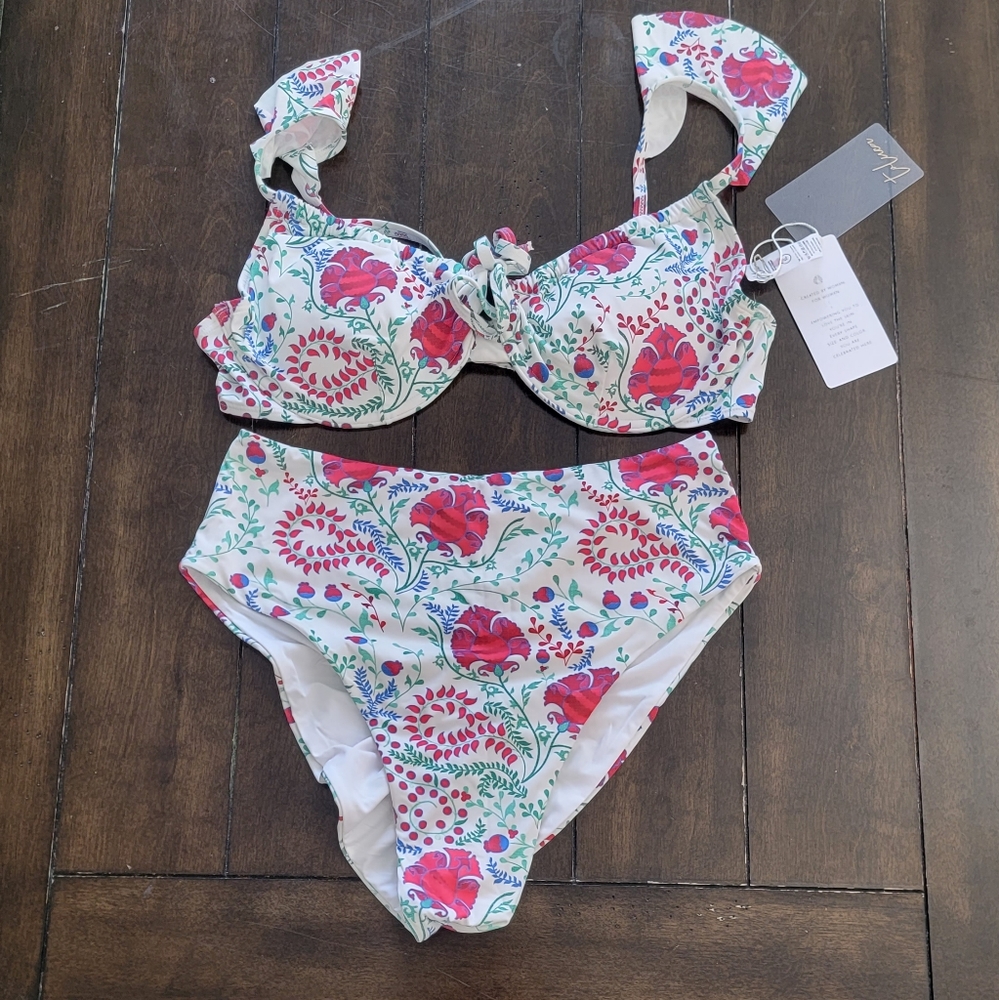 High Waist Bikini White Floral Pattern SZ XL